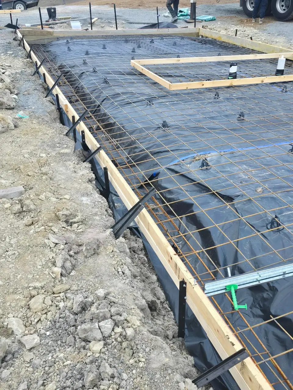 Concrete slab reinforcement and formwork before pouring